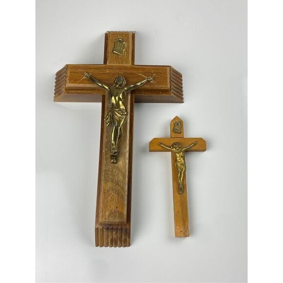 Wooden Cross Set w/ Sliding Lid & Candles Last Rites Sick Call Compartment 12" D - Picture 1 of 11